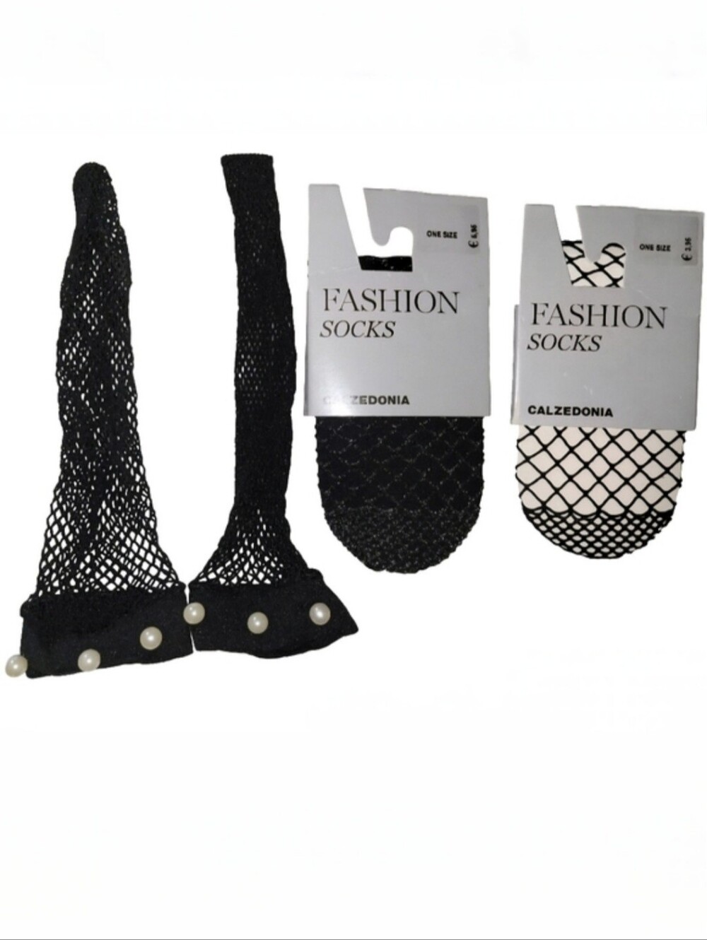 3 Pairs Black Fashion Socks From Italy - Fishnet, Pearls, And Glitter One Size
